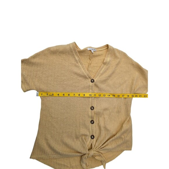 Nine Britton Womens Yellow Waffle Knit Button-Up Short Sleeve Top With Tie Front - Picture 4 of 5